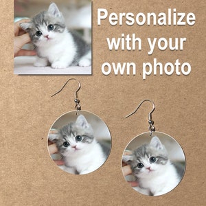 Personalized photo round Dangle Earrings with your own photo. A Unique custom made gift idea