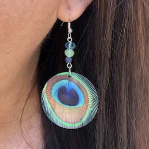 peacock feather round Dangle Earrings with a glass beads. A Unique gift idea