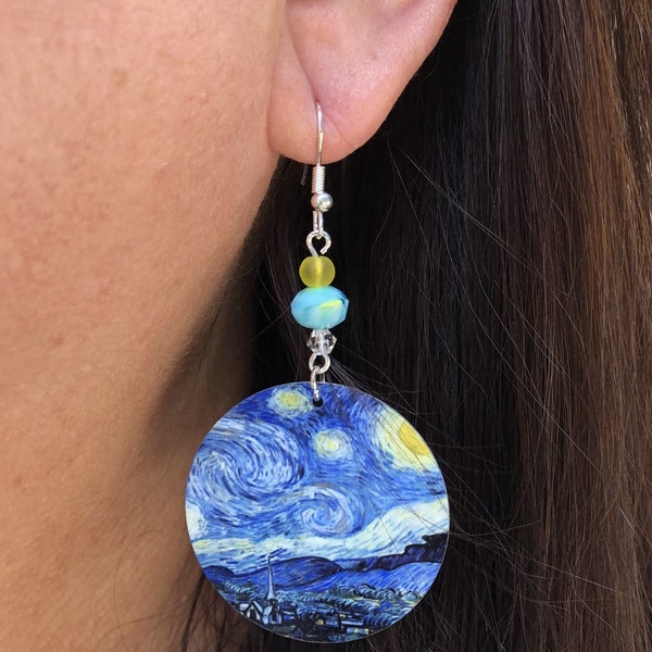 Van Gogh starry night round Dangle Earrings with glass beads. A Unique gift idea