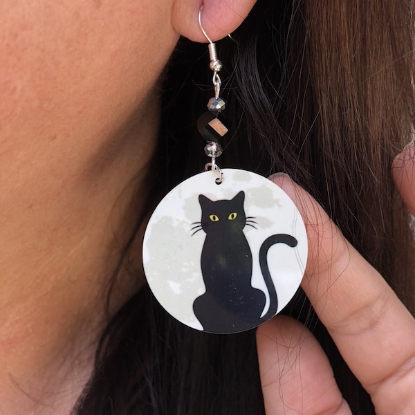 Cat and moon round Dangle Earrings with a black bead. A Unique gift idea