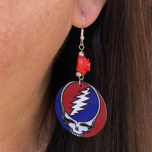 Steal your face round Dangle Earrings with a red rose bead. A Unique gift idea