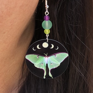 Luna moth and moon phases round Dangle Earrings with a glass beads. A Unique gift idea