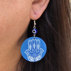 Hamsa round Dangle Earrings with evil eye beads. a Unique gift idea