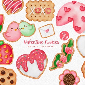 Valentine Cookies watercolor clipart 15 png files valentines clipart download happy bakery pink love lover sublimation card printable print
