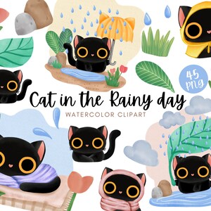 Gato no dia chuvoso aquarela clipart PNG gato preto fofo chuva clima frio tome cuidado personagem mudança de estação cartão quente casa digital