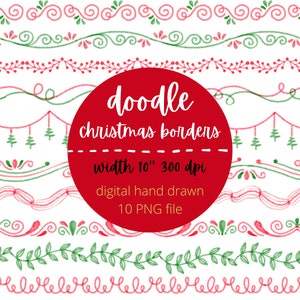 Doodle Christmas Borders , green and red , pencil digital hand drawn clipart,Christ frame, PNG Border, decoration invitation party element