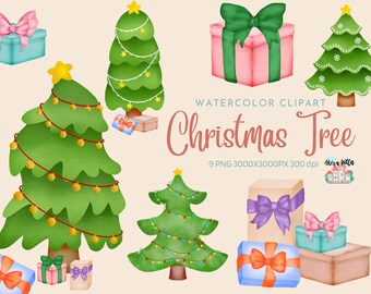 Christmas Tree and Christmas gift clipart watercolor digital PNG for holiday card, printable