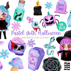Pastel Goth Halloween watercolor clipart PNG files gothic spooky trick or treat  funny sublimation printable clip art pastel halloween party