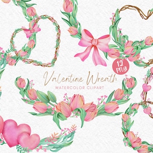 Valentine wreath watercolor clipart digital file, valentines day flower floral frame heart tulip wedding pastel love sublimation pink sweet