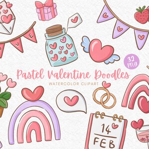 Pastel Valentine Doodle watercolor digital clipart, valentines day, elements cute kawaii pastel colorful sweet rainbow, sublimation card