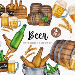 Beer watercolor clipart digital PNG illustration craft beer bottle drink alcohol wooden glass beer mug sublimation printable logo banner