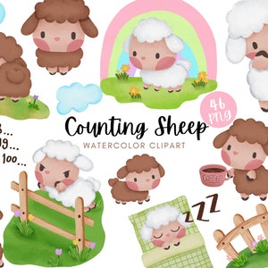 Conteggio delle pecore clipart dell'acquerello, simpatico animaletto, baby shower, stampa della scuola materna PNG terra del sonno sublimazione della carta stampabile per dormire duro
