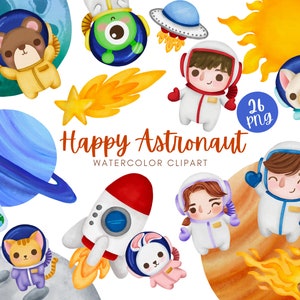 Feliz astronauta aquarela clipart PNG download digital bonito menino menina animal alienígena foguete espaço terra exterior imprimível para festa de aniversário