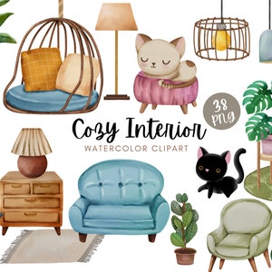 Cosy Interior Aquarell digitale Clipart PNG, Boho Möbel, Wohnkultur, gemütliches Wohnzimmer, Boho Wohnzimmer, Zimmerpflanzen, Stuhl, Sofa