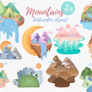 Mountains Watercolor clipart png ,forest,pastel kids, mountain, waterfall, sea,beach,moon,travel,landscape,outdoor,nature,camping,logo