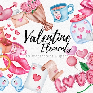 Valentine Elements 19 watercolor Clipart PNG files, Love ,wedding Clip Art for Valentine&#39;s Day instant download, sublimation, digital PNG