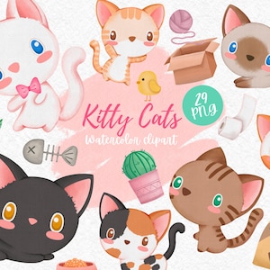 Kitty Cats watercolor digital Clipart Png Files digital download kawaii pet cute planner funny lover circuit project printable sublimation