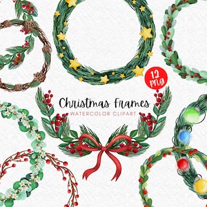 Molduras de Natal aquarela clipart, guirlanda de vegetação de feriado feliz natal PNG sublimação de cartão download digital borda de círculo para impressão