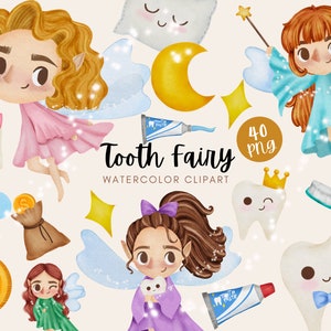 File PNG di clipart digitale dell'acquerello di fatina dei denti, nuovo nato, denti, principessa, corona, fiaba, ballerina, festa per bambini, baby shower, adesivo, dolce