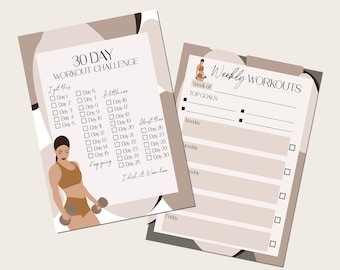May include: A printable 30-day workout challenge tracker with a checklist for each day. The tracker includes a section for weekly workouts with space to write in goals and tick off completed workouts.