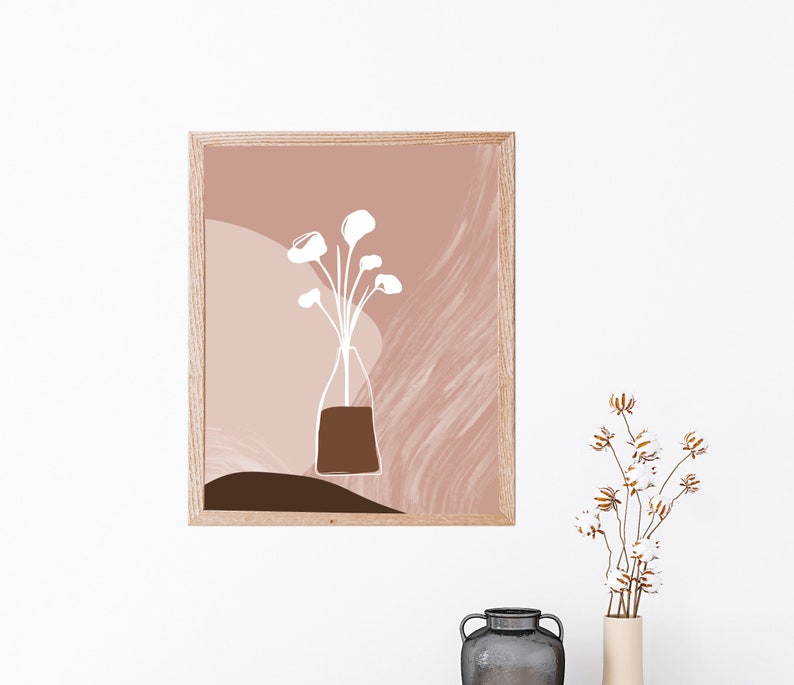 May include: A digital art print featuring a white line drawing of a vase with flowers on a pink and brown abstract background.