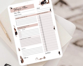 May include: A printable digital planner with a white background and brown and pink abstract shapes. The planner includes sections for goals, today's schedule, today's projects, scheduled events, emergency tasks, notes, self-care, and gratitude.