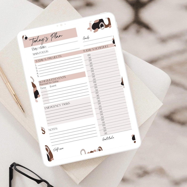 May include: A printable digital planner with a white background and brown and pink abstract shapes. The planner includes sections for goals, today's schedule, today's projects, scheduled events, emergency tasks, notes, self-care, and gratitude.