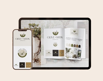 May include: A mockup of a branding guide for a business called "Olive + Moon". The guide includes a logo with an olive branch and a crescent moon, colour palettes, and font choices.