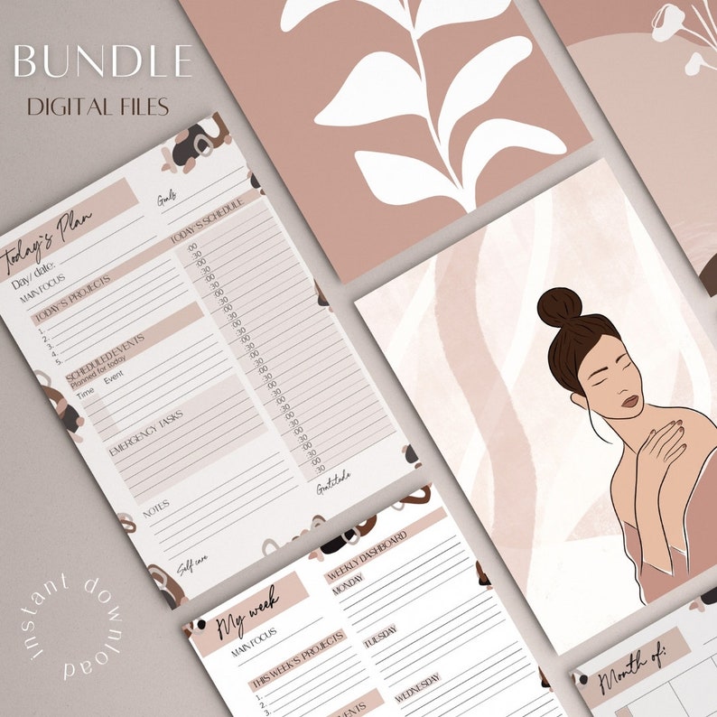May include: A printable digital planner bundle with a minimalist aesthetic. The planner pages feature a neutral colour palette of brown, beige, and white. The pages include sections for daily and weekly planning, goal setting, and scheduling. The bundle also includes a monthly calendar page.