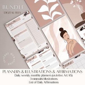 May include: A set of printable planners and illustrations in a minimalist style. The set includes daily, weekly, and monthly planners, as well as three illustrations and a list of daily affirmations. The planners are designed in a neutral colour palette of beige, brown, and white.