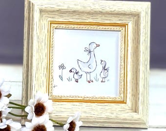Mini Framed Watercolor Duck Painting |Whimsical Miniature Art | Art 3.5x3.5 | Flower Garden | Goose | Easter
