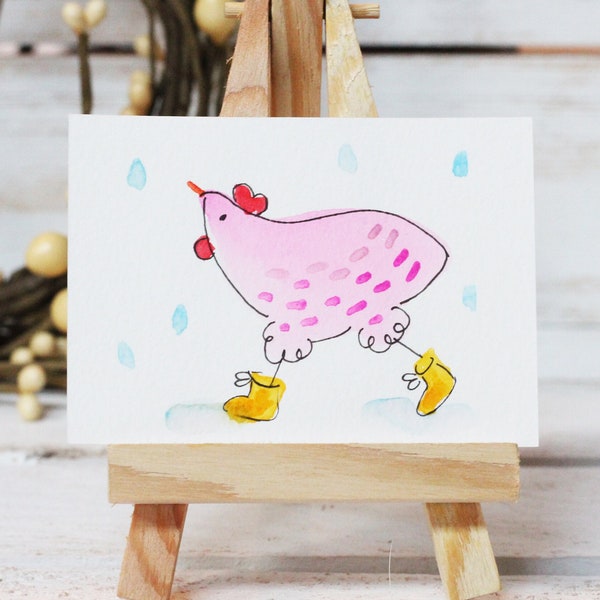 2.5x3.5 Chicken RAIN BOOTS | Miniature Watercolor Painting | Original Art By Jennifer Star | ACEO | Print