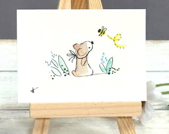 Mini Watercolor Bear Painting | Whimsical Miniature Art |  2.5x3.5 | Bear Watercolor