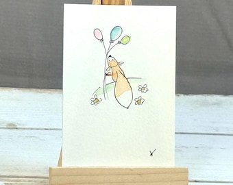 Mini Watercolor Fox Painting | Whimsical Miniature Art | 2.5x3.5 |  Red Fox Watercolor | Balloon