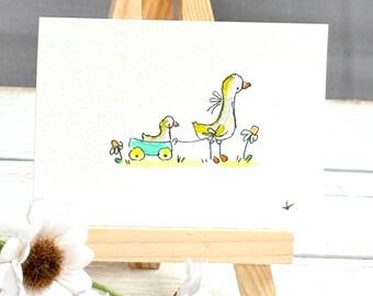 Mini Watercolor Duck Painting: Whimsical Nursery Art  | 2.5x3.5 | .Miniature Art | Duck Watercolor