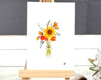 Mini Watercolor Sunflower Painting | Whimsical Miniature Art | 2.5x3.5 | Flower Bouquet Watercolor