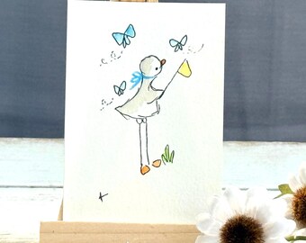 Mini Watercolor Duck Painting | Whimsical Art | 2.5x3.5 | Miniature Art | Watercolor Duck  | Goose Garden | Butterfly