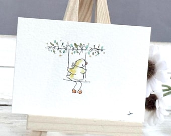 Mini Watercolor Duck Painting | Whimsical Art | 2.5x3.5 | Miniature Art | Watercolor Duck  | Goose Garden | Swimming