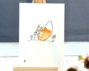 Mini Watercolor Fox Painting | Miniature Whimsical Art | 2.5x3.5 | Fox Rabbit Watercolor