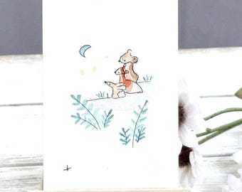 Mini Watercolor Painting | Whimsical Miniature Art | Bear Fox Rabbit | 2.5x3.5 | Woodland Animals Watercolor