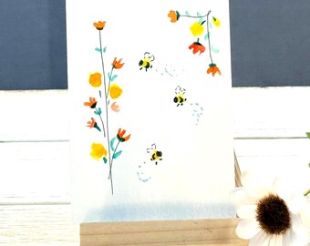 Mini Watercolor Bees Flowers Painting | Whimsical Miniature Art | 2.5x3.5 | Flower Garden Watercolor | Honey Bee