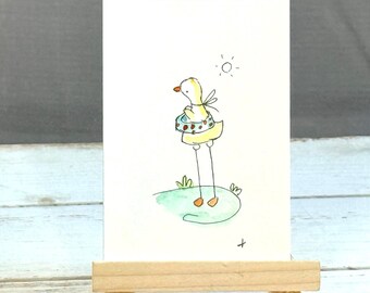 Mini Watercolor Duck Painting | Whimsical Art | 2.5x3.5 | Miniature Art | Watercolor Duck  | Goose Garden | Swimming