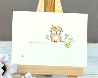 Mini Watercolor Owl Painting | Whimsical Miniature Art | 2.5x3.5 | Owl Watercolor | Tree Art