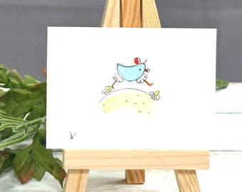 Mini Watercolor Chicken Painting | Whimsical Art | 2.5x3.5 | Miniature Art | Chicken Watercolor | Blue
