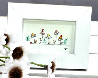 Mini Framed Watercolor Flowers Painting |Whimsical Miniature Art | Art 2x3 | Flower Garden | Lady Bug