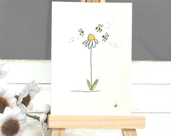 Mini Watercolor Daisy Painting | Whimsical Miniature Art | 2.5x3.5 | Flower Bouquet Watercolor