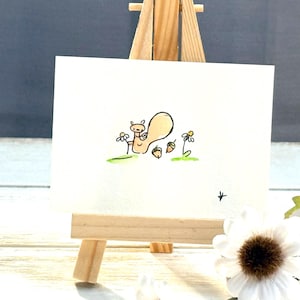 Mini Watercolor Squirrel Painting | Whimsical Miniature Art | 2.5x3.5 | Red Squirrel Watercolor | Acorn