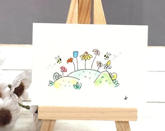 Mini Watercolor Wildflowers Painting | Whimsical Miniature Art | 2.5x3.5 | Flower Garden Watercolor | Snail Art
