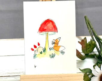 Mini Watercolor Fox Painting | Miniature Whimsical Art | 2.5x3.5 | Fox Watercolor