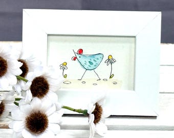 Mini Framed Watercolor Chicken Painting |Whimsical Miniature Art | Art 2x3 |  Blue Chicken